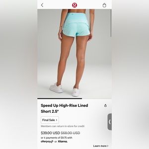 Lululemon High rised lined short 2.5